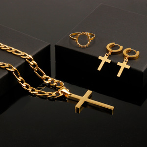 Conjunto de Joias Clássicas em Aço Inoxidável: Colar com Pingente de Cruz e Corrente Figaro, Brincos e Pulseiras Religiosas Femininas - Product Image 3