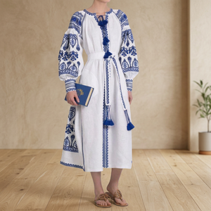 Bohemian Sweet Embroidered Organza Knee-Length <b>Dress</b> with Puff Sleeves Tie Neck Tassel Detail <b>Loose</b> Fit <b>Summer</b> Casual Women's - Product Image 3