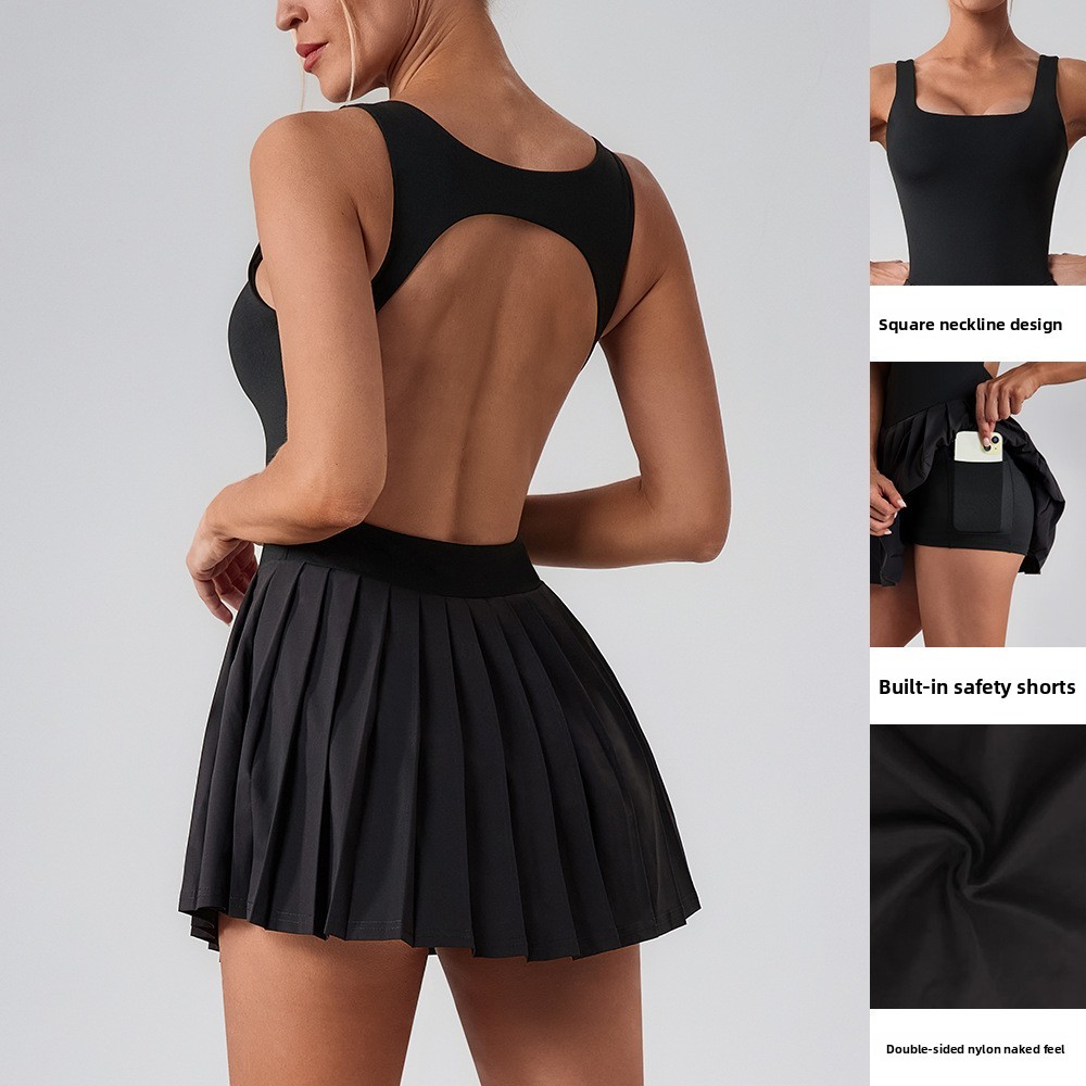 Sleeveless Sports Yoga Dress Fitness Breathable Solid Fake Two-Piece Base Layer Anti-Exposure Pocketed Pleated Running Skirt