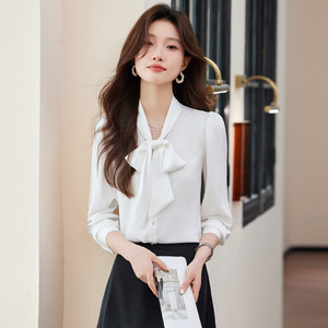 Light Green Satin Blouse With Bow Tie Long Sleeve Office Shirt Women's Elegant Professional Top Solid Color Polyester Fabric - Product Image 2