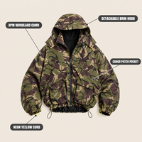 Veste coupe-vent pour homme personnalisée Olive, camouflage DPM Woodland, capuche à visière amovible, poche cargo, cordon néon, coupe oversize pour le streetwear