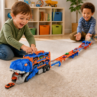 Camion Dinosaure Transformable avec Circuit de Course 164cm, Double Lanceur, Voitures Pliables en Alliage, Jouet pour Enfants, Cadeau