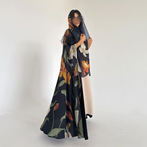 Elegant Black Bloom Print Abaya chiffon Open Front Muslim Cardigan with <b>Matching</b> Hijab for eid - Product Image 2