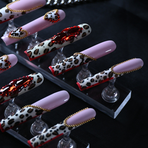 Faux ongles à presser faits main, longs, en acrylique de luxe, motif léopard, couvrance totale, avec strass, prix usine, vente en gros - Product Image 3