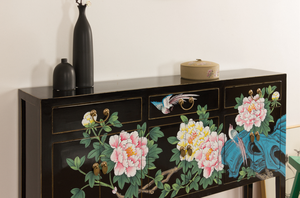 Buffet d'entrée en bois massif peint à la main, motif pivoine et phénix, avec quincaillerie en laiton vieilli, symbole de prospérité et de richesse - Product Image 5