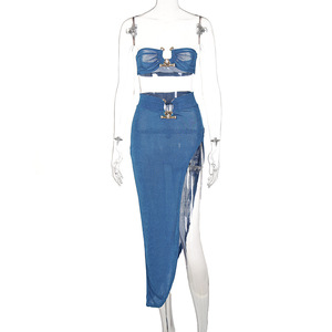 Nuevo Conjunto de Dos Piezas para Mujer, Top Tubo y Falda Cruzada, Estilo Casual, Sexy, Top Corto y Falda, Color Sólido, No Tejido, para Usar en Clubes - Product Image 5
