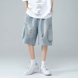 Jean décontracté pour homme, coupe courte et ample, délavé, style streetwear estival - Product Image 3