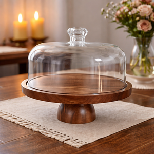 Vassoio in Legno per Torte con Coperchio a Cupola in Vetro, Resistente al Calore, Ecologico, Espositore Multifunzionale per Dessert/Donut - Product Image 5