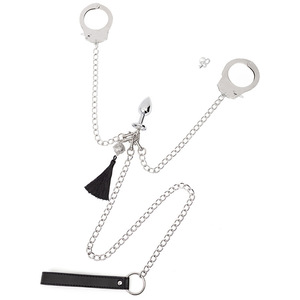 Ensemble de plugs anaux en métal avec chaîne et pompon noir pour stimulation adulte - Product Image 4