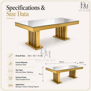 Table de salle à manger de luxe en acier inoxydable doré avec plateau en verre miroir et base à double lamelles, idéale pour les projets hôteliers et de banquets - Product Image 5
