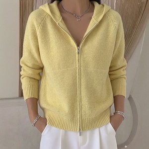 Cardigan tricoté à capuche pour femme, couleur unie, fermeture éclair, pull-over ample, automne-hiver, rose, blanc cassé, jaune, gris - Product Image 3