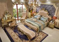 Ensemble de meubles de chambre à coucher de luxe en bois de hêtre français antique européen, avec feuilles d'or et tissu italien, pour appartement et hôtel