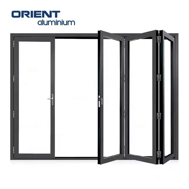 Puertas correderas de aleación de aluminio para entrada frontal, puertas plegables de aluminio modernas de color negro, plegables de vidrio templado para el hogar