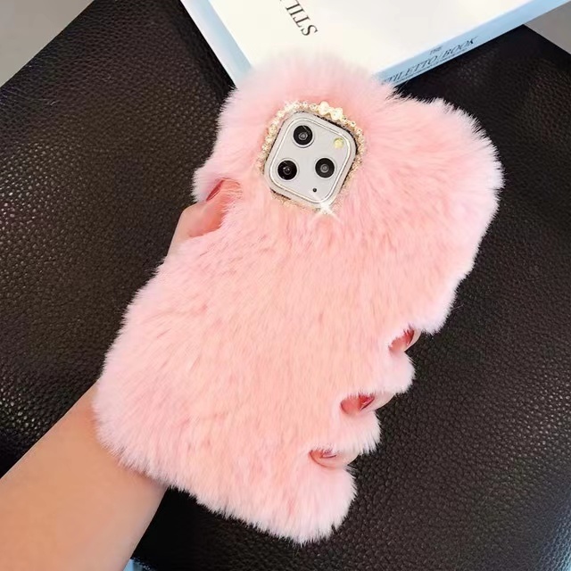 Luxury Diamond Love Fluffy Plush Fur Soft Touch Mobile Phone case Phone case for iPhone X Xr Xs 11 12 13 14 15 16 17 Pro Max