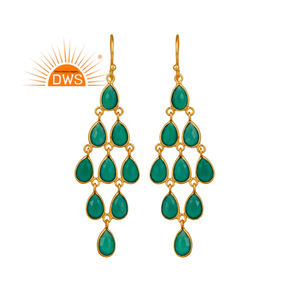 Boucles d'oreilles pendantes plaquées or argenté avec pierre précieuse onyx vert naturel pour femmes - Fabricants - Product Image 1