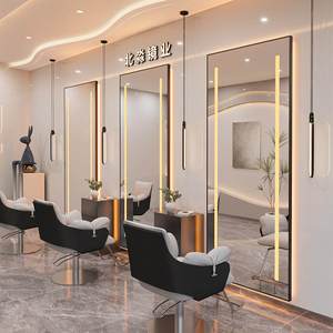 Modern Glass Barbershop Hair Salon Dedicated Station Single-Sided Floor-Standing <b>Illuminated</b> Haircutting Mirror Eco-Friendly - Product Image 3