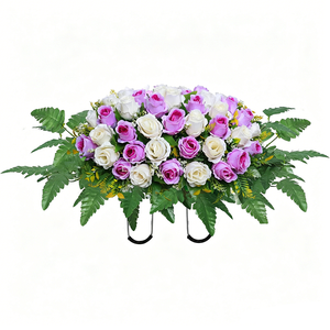 Arreglo Floral Artificial para Cementerio, <span class=keywords><strong>Rosas</strong></span> Rojas, <span class=keywords><strong>Claveles</strong></span> Amarillos, Flores Púrpuras con Hojas <span class=keywords><strong>de</strong></span> Helecho, Decoración Conmemorativa para Exteriores - Product Image 5