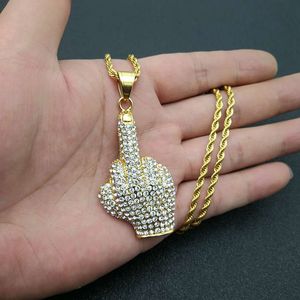 yunnique Hip Hop Middle Finger Pendant Necklace Stainless Steel Pave Setting Men's Party Jewelry Gold And Silver Tone - Product Image 5