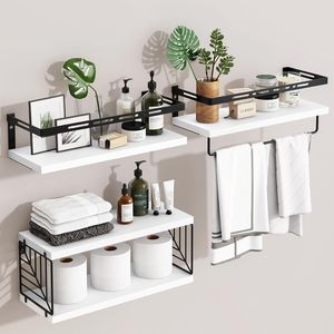 Étagères murales flottantes en <span class=keywords><strong>bois</strong></span> avec cadre métallique <span class=keywords><strong>et</strong></span> barre porte-serviettes pour rangement d'épices, <span class=keywords><strong>grande</strong></span> capacité, robustes, pour salle de bain <span class=keywords><strong>et</strong></span> cuisine - Product Image 1