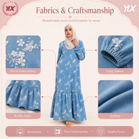 Robe longue personnalisée pour femmes musulmanes, bleu, broderie florale, manches à volants, robe hijab, OEM ODM