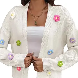 Custom OEM ODM Manufacturer Floral Embroidery Drop Shoulder Cardigan Crop Knit Top