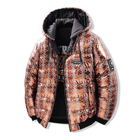 Veste d'hiver pour homme en polyester brillant, style sportif, épaisse, chaude, ample, réversible, avec capuche amovible, fermeture éclair, enduite