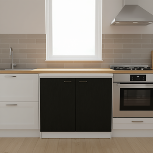 Armoires de cuisine noires et blanches au design moderne avec évier, porte rectangulaire en mélamine à fixation murale, finition peinte - Product Image 2