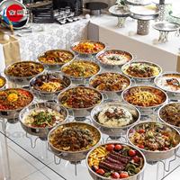 Réchaud de buffet professionnel en acier inoxydable 201 de haute qualité pour restaurants et hôtels, avec pot divisé et couvercle en verre, modèle 2025