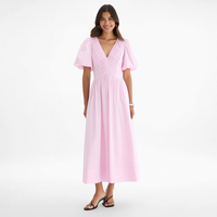 Nouvelle Robe Midi Femme Élégante Rose Col V Plissée Manches Bouffantes Coupe Évasée Manches Courtes Été Personnalisée pour Vacances