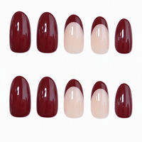 Faux ongles amande bicolores bordeaux nude, à pression, couvrance totale, pour usage quotidien
