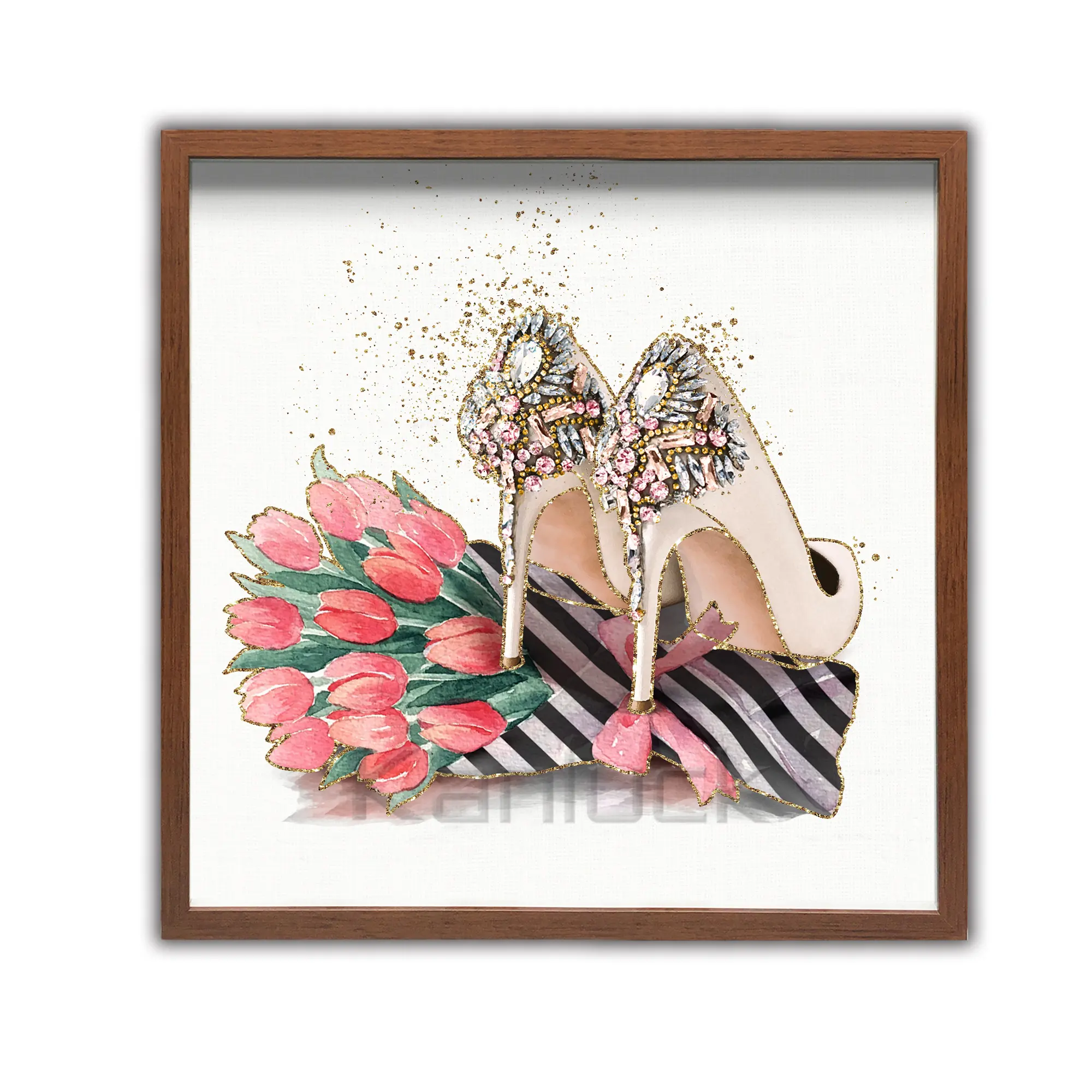 Fashion High Heels With Flower Framed Art Painting Embellished With Gold Glitter