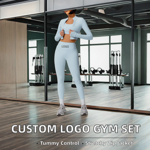 Custom Logo Solid Gym Outfit Set Stretchy <b>Zip</b>-<b>up</b> <b>Jackets</b> Thumb Holes High Waist Tummy Control Leggings Halter Bra 3-Piece Yoga - Product Image 2