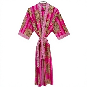 Women Full Length Robe Striped Palm Print Short Sleeve V-Neck Casual 100% Cotton Sleepwear <b>Beach</b> Cover up - Product Image 1