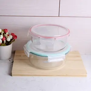 BPA gratuita di round borosilicato ciotola di vetro con coperchi di plastica all'ingrosso