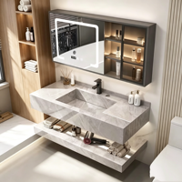 Ensemble de meuble-lavabo de salle de bain moderne de luxe en pierre frittée avec miroir intelligent, meuble-lavabo mural flottant pour appartement et hôtel