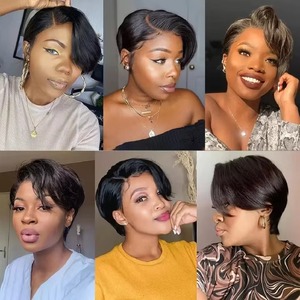 Perruque de cheveux humains vierges brésiliens noirs naturels, courts, coupe Pixie, cheveux raides, bonnet avant en dentelle, style <span class=keywords><strong>afro</strong></span> pour femmes de petite taille