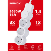 Multiprise européenne PHEIYON avec interrupteur principal, 3 prises Schuko 16A, rallonge, support mural amovible, homologuée CE pour hôpitaux