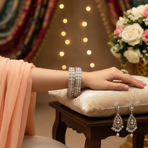 Designer Silver Plated Fashion Jewelry <b>Set</b> with <b>Crystal</b> Stone and Pearls Bangles for Women Ethnic Collection for Wedding Wear - Product Image 3