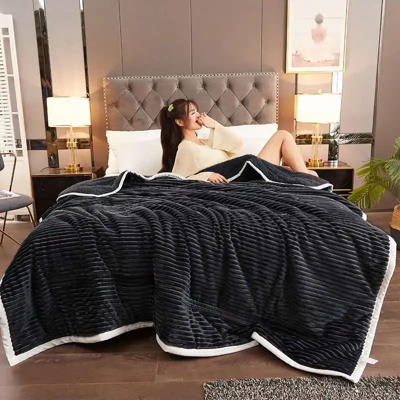 Lamb Cashmere Sherpa Fleece Thick Blanket Embroidery With Flannel Surface Suit For Bed