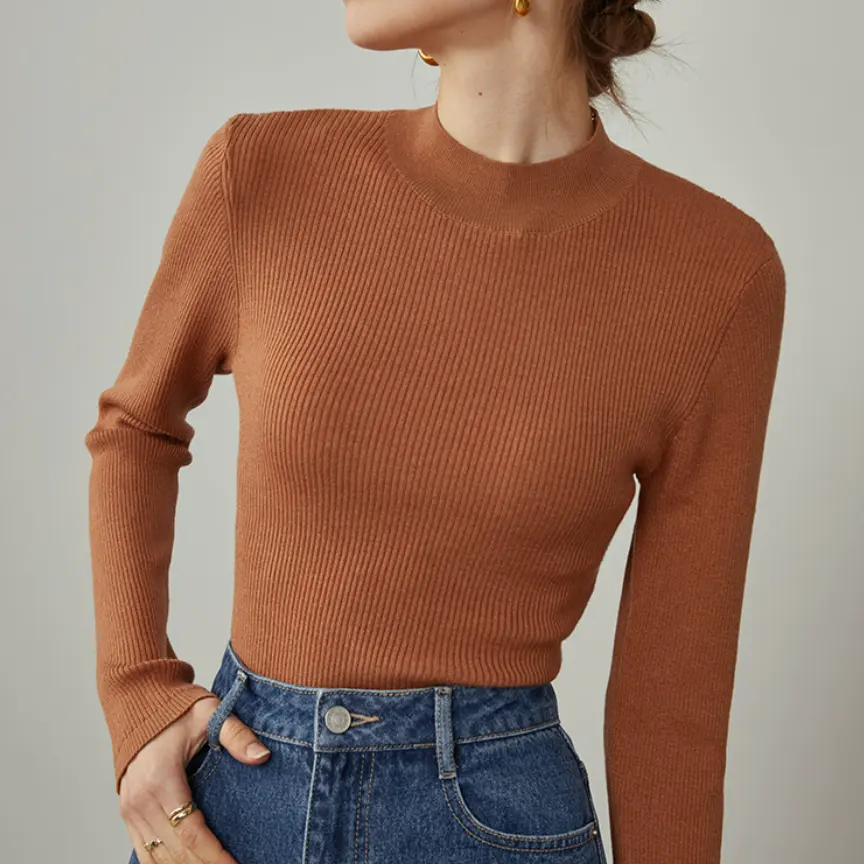 Autumn Women's Plain Pullover Knitwear Crew neck Roll collar Thin solid color Long Sleeve casual basic sweater