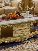 Table basse en marbre naturel sculpté en bois massif de style européen, ensemble de meubles de salon avec espace de rangement, nouveau fini doré