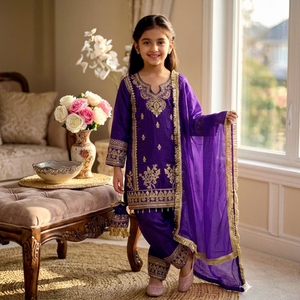 Conjunto de Salwar Kameez Morado Bordado para Niñas con Dupatta, Traje Tradicional Indio Pakistaní para Bodas, Diwali y Fiestas - Product Image 1