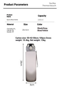 Botella de Agua Deportiva de 1000 ml, sin BPA, a Prueba de Fugas, con Logotipo Personalizado, Botella de Plástico para Gimnasio, Venta al por Mayor - Product Image 4