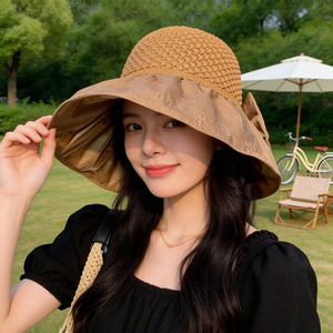 Sombrero de Sol para Mujer, Estilo Vacaciones en la Playa, Ala Ancha, Transpirable, Diseño Calado con Lazo, Protección Solar - Product Image 3