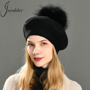 Jxwatcher السيدات سادة كلاسيكي قبعة قبعة من الصوف مع فرو حقيقي كبير بوم بوم فنان الربيع الشتاء متماسكة الفرنسية النساء الصوف قبعة مخصصة - Product Image 1