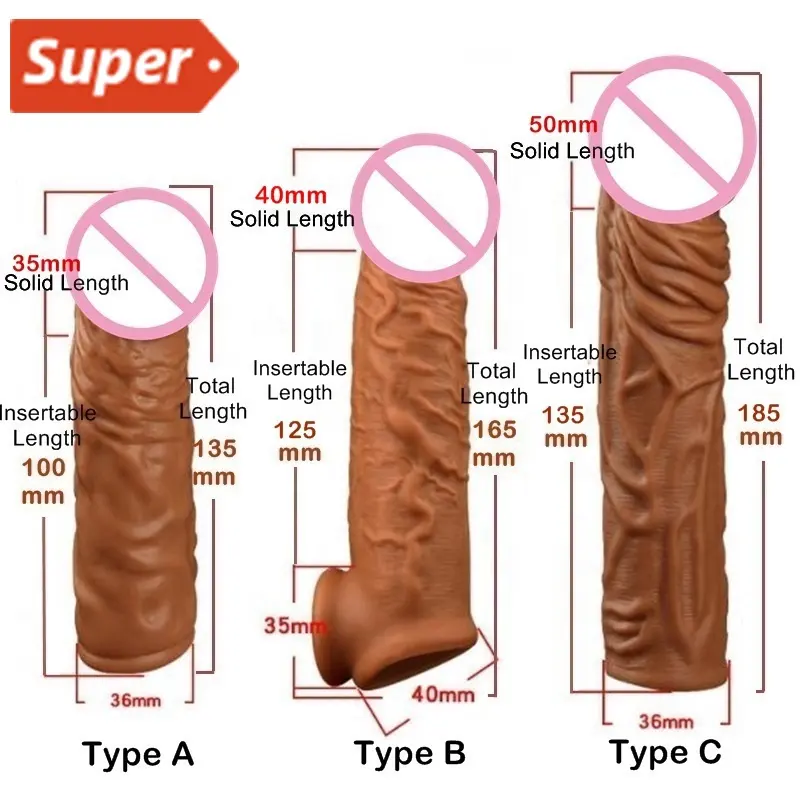 Manicotto del pene riutilizzabile per uomo, preservativi realistici, prolunga maschile, stimolatore del dildo, preservativo dell'ingrandimento, giocattoli sessuali del cazzo