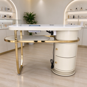 Luxury Gold Stainless Steel Frame Manicure Table With Built In Nail Dust Collector Cream <b>White</b> Nail Salon <b>Desk</b> With Storage - Product Image 1
