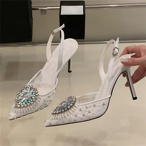 2025 Women's Fashion Rhinestone Mesh Ankle Strap <b>Shoes</b> Pointed Toe High Heels for Summer and Autumn Parties Light Crystal - Product Image 5