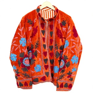 เสื้อแจ็คเก็ตกำมะหยี่สีส้ม ปักลายดอกไม้ คอจีน ติดซิป ผ้าฝ้ายสำหรับผู้หญิง ฤดูใบไม้ร่วง - Product Image 1