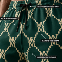 Shorts personnalisés 160GSM vert émeraude MY Monogram Diamond Grid à sublimation intégrale avec cordon élastique pour homme, idéal pour la plage et les centres de villégiature
